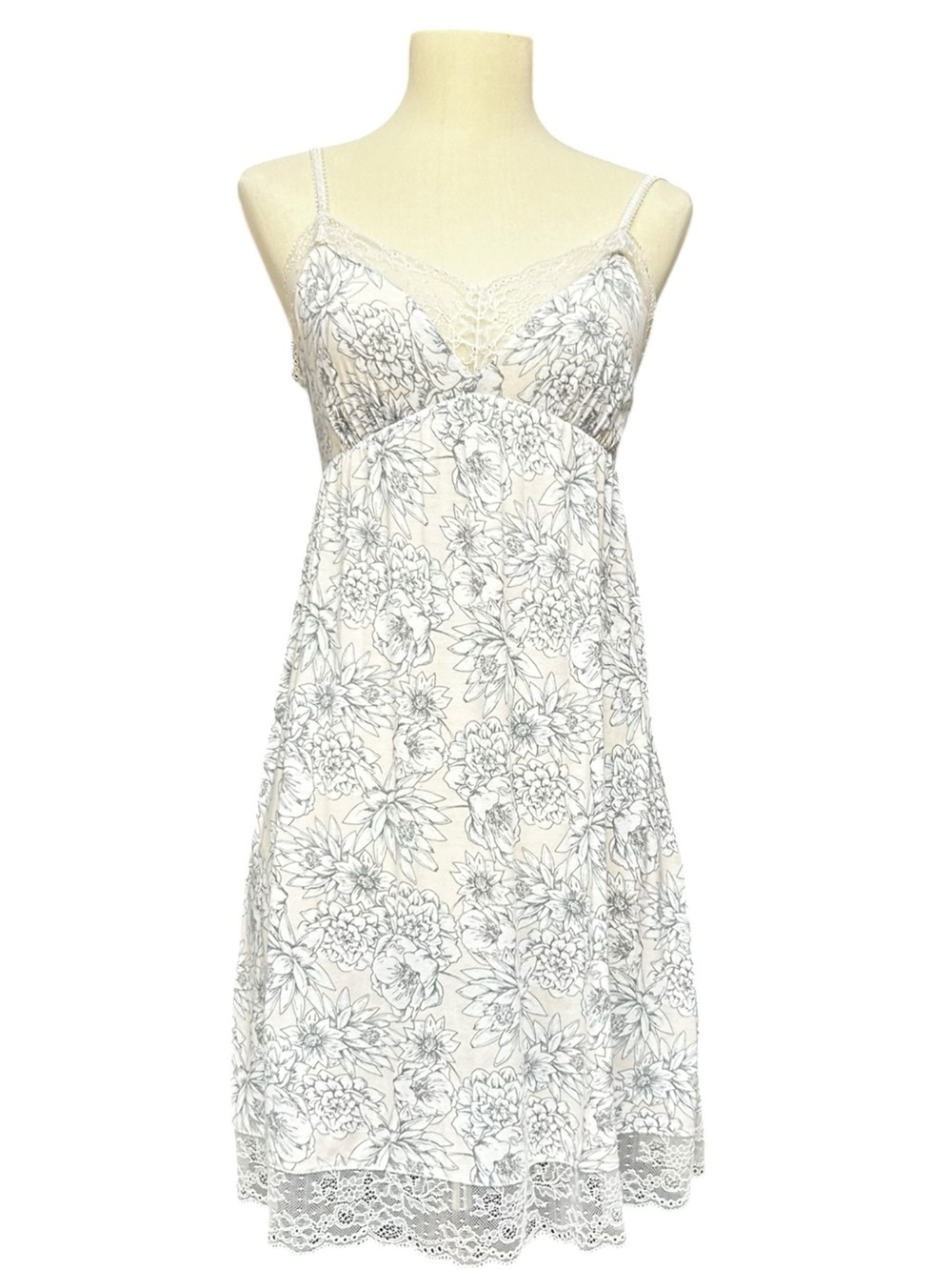 Eberjey Wildflower Slip Dress, Ivory Gray Floral Lace Chemise Nightgown Small